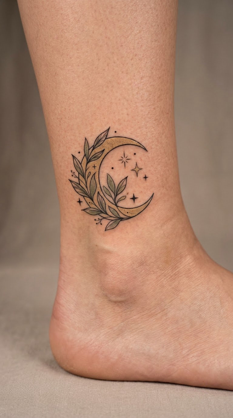 Crescent Moon with Botanical Lace on the Ankle
