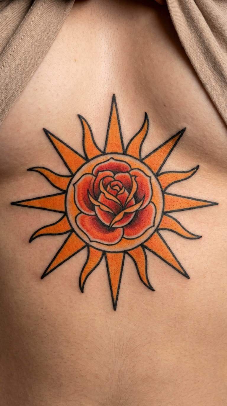 Vintage Sun and Rose on the Sternum