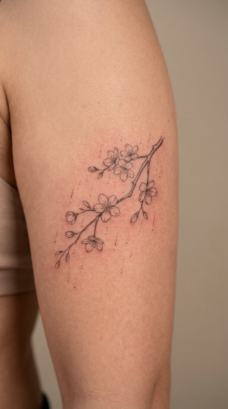 Fine-Line Cherry Blossom in Rain