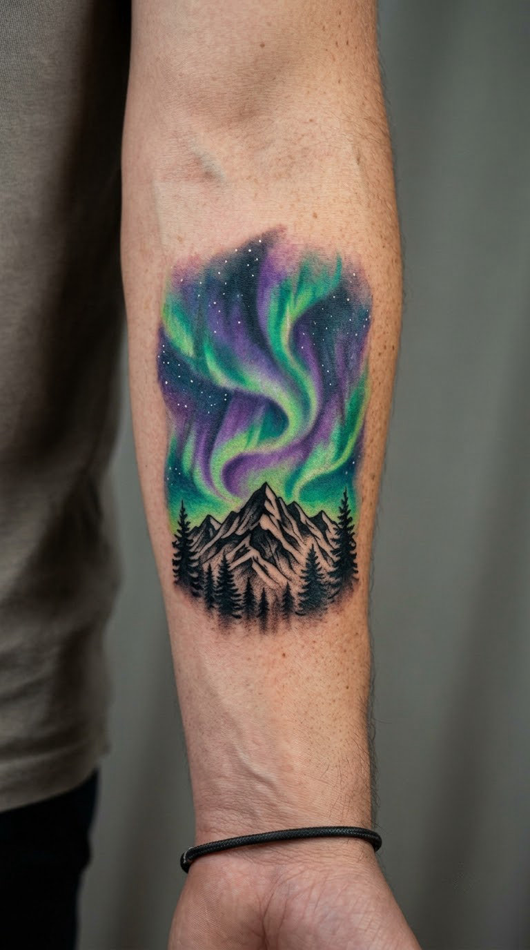 Realistic Aurora Over a Mountain Ridge