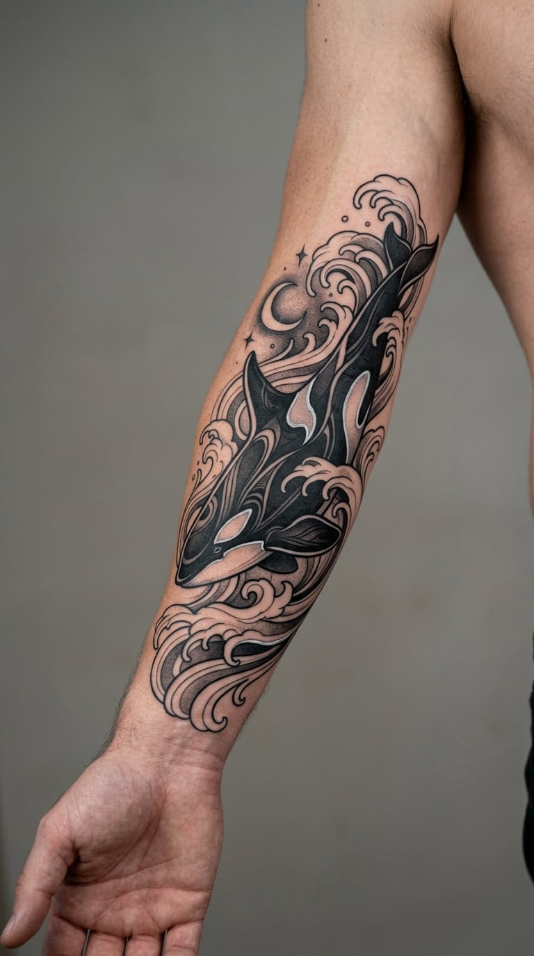 Orca and Moonlight Blackwork Sleeve