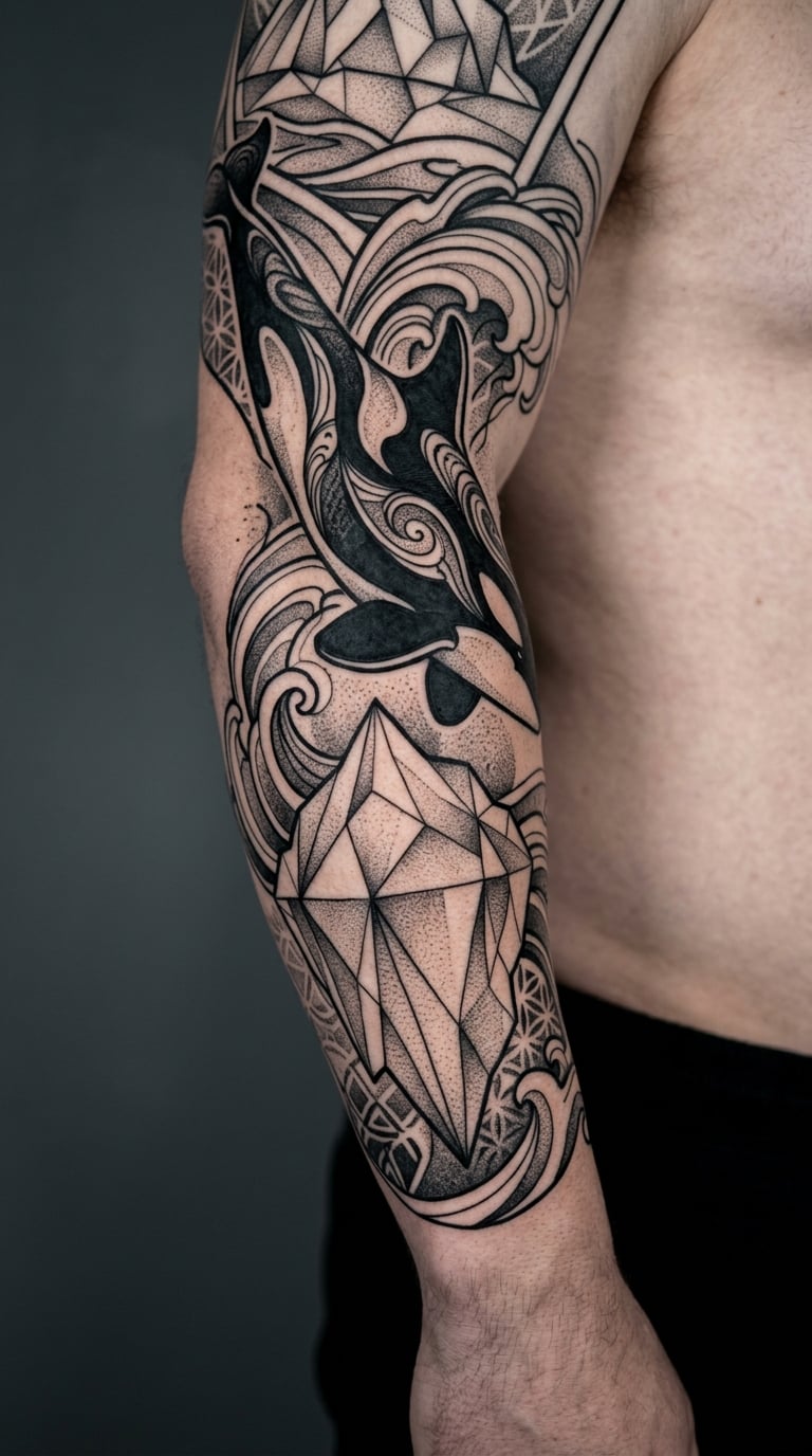 Blackwork Orca and Iceberg Sleeve