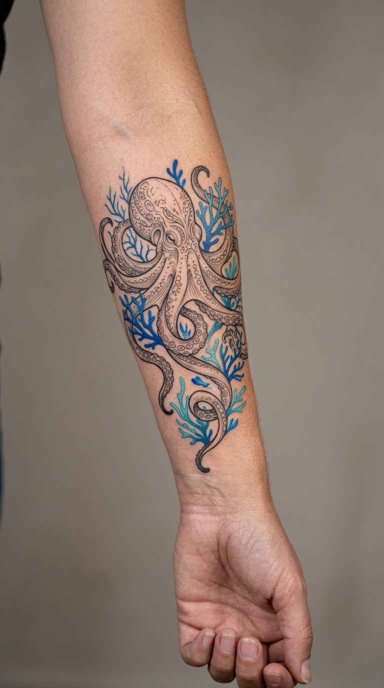 Fine-Line Octopus and Coral Sleeve