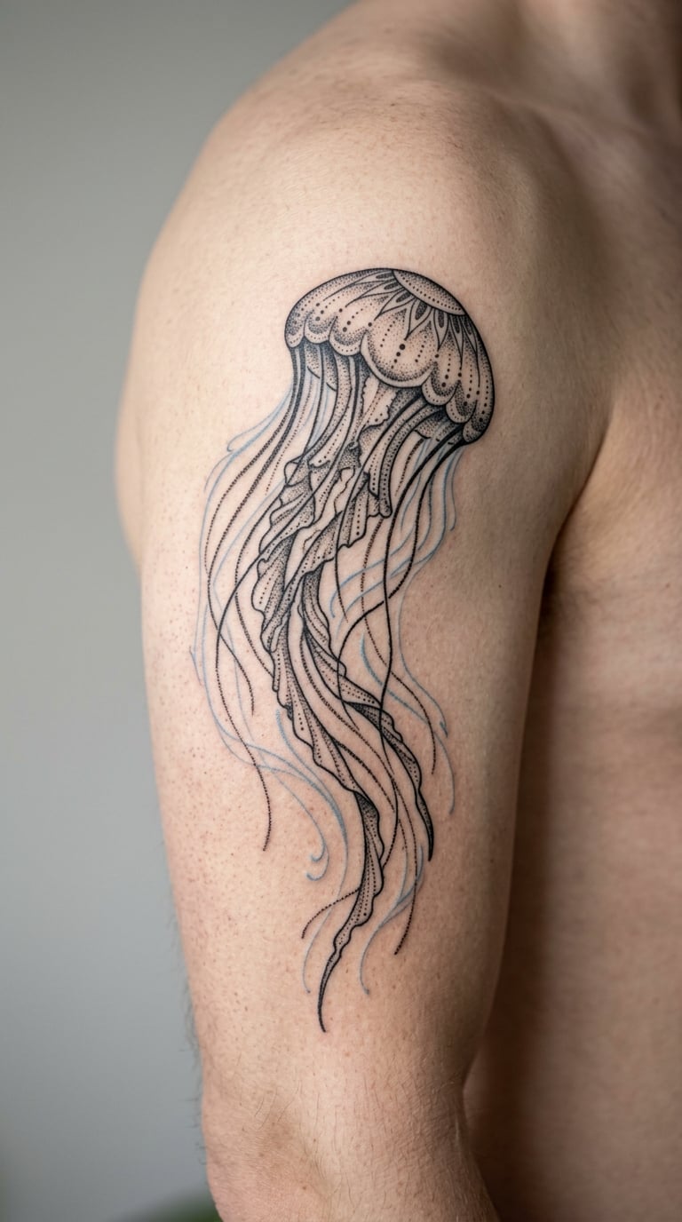 Dotwork Jellyfish and Current Sleeve