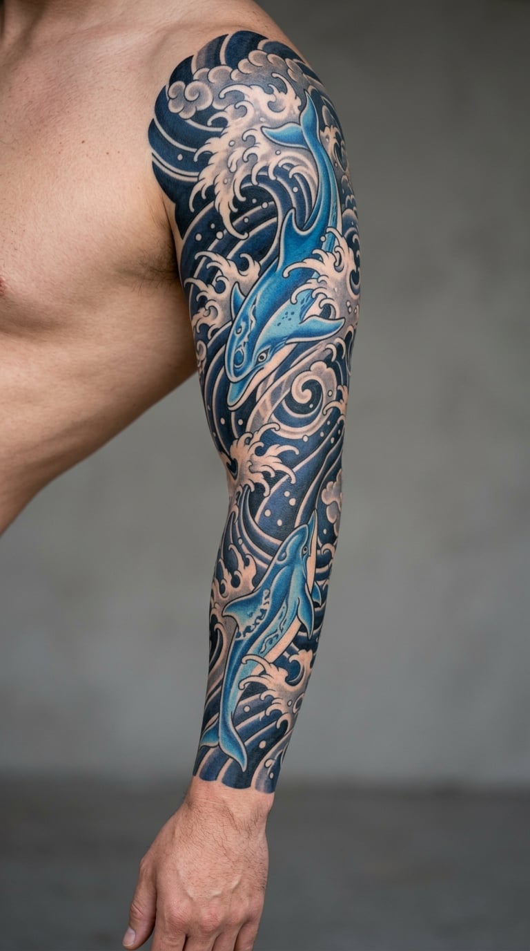Japanese Wave and Dolphin Sleeve