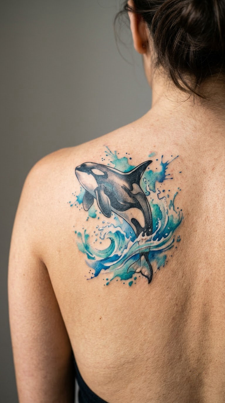 Watercolor Orca And Ocean Splash