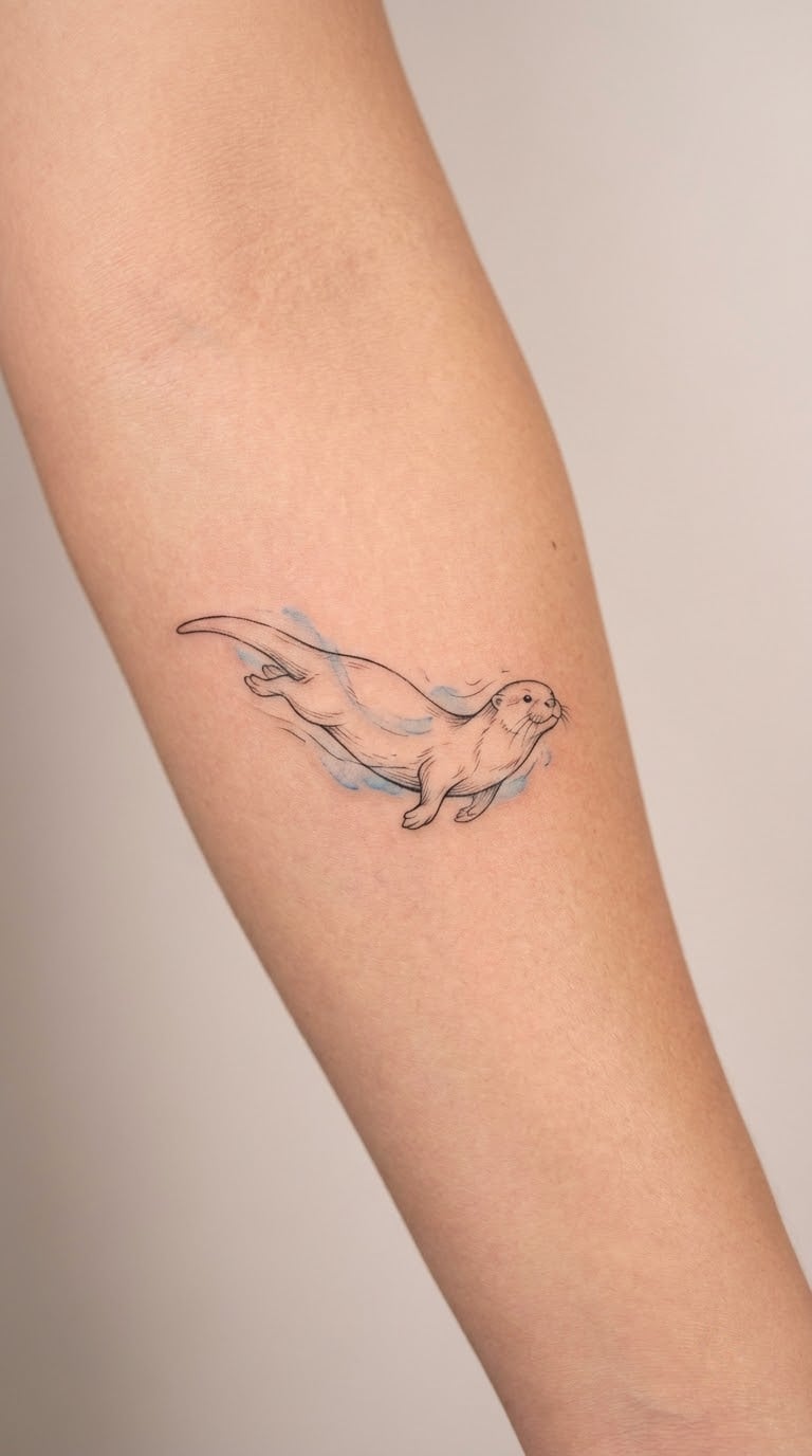 Fine-Line Swimming Otter on the Inner Forearm