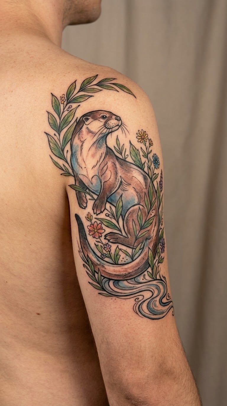 Floral and River Otter on the Shoulder