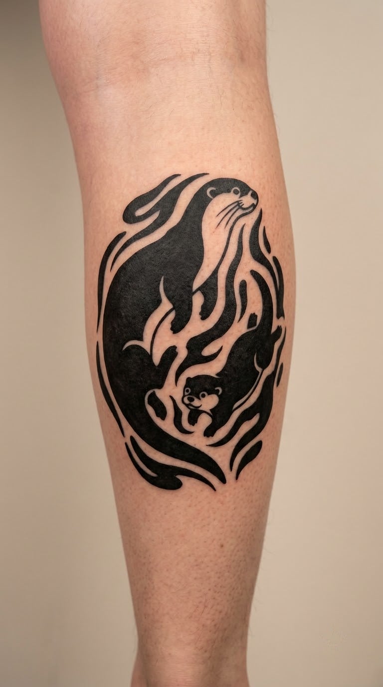 Blackwork Otter Family on the Calf