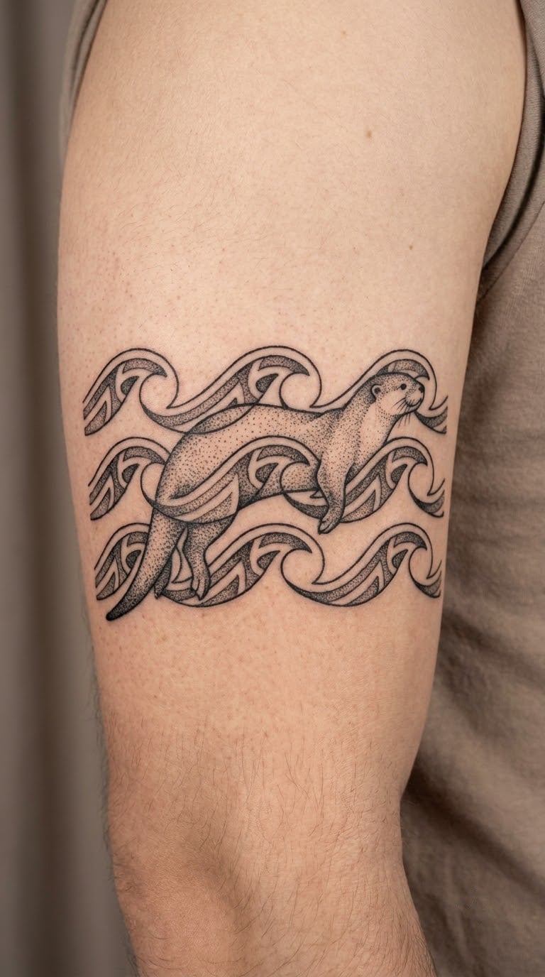 Dotwork Otter Swimming in Geometric Waves