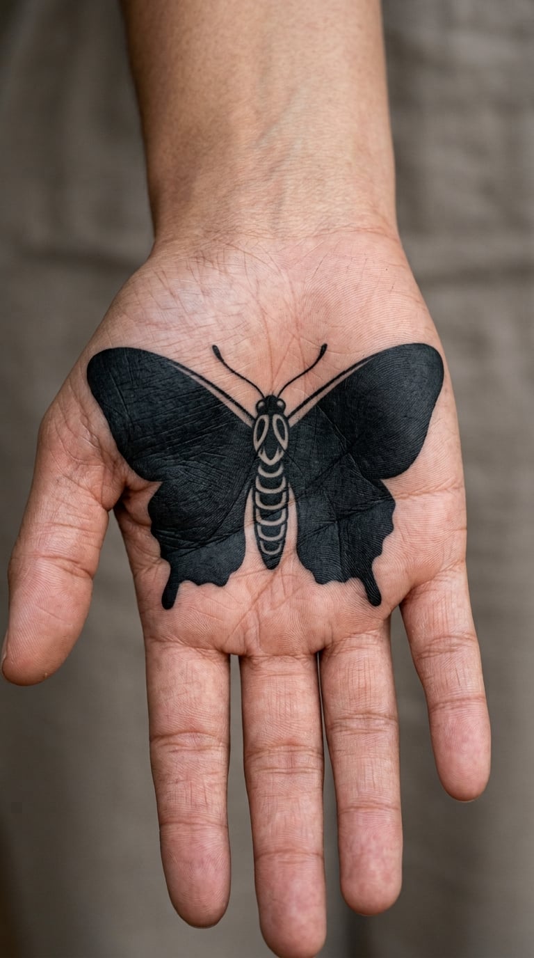 Blackwork Butterfly Spanning the Palm