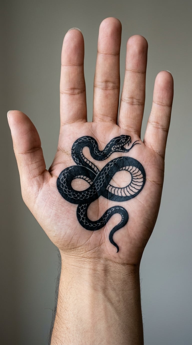 Blackwork Snake Coiled Across the Palm