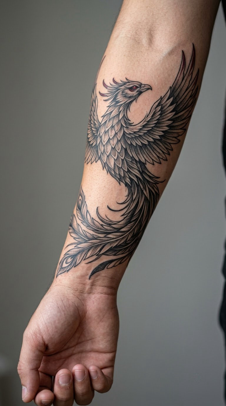 The Wrap — a phoenix curving around the forearm or thigh