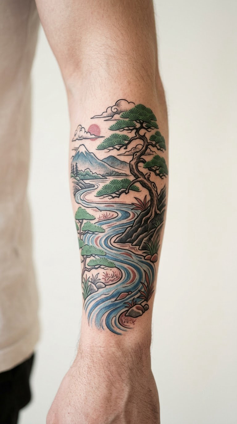 Japanese-Inspired Pine and River Scene
