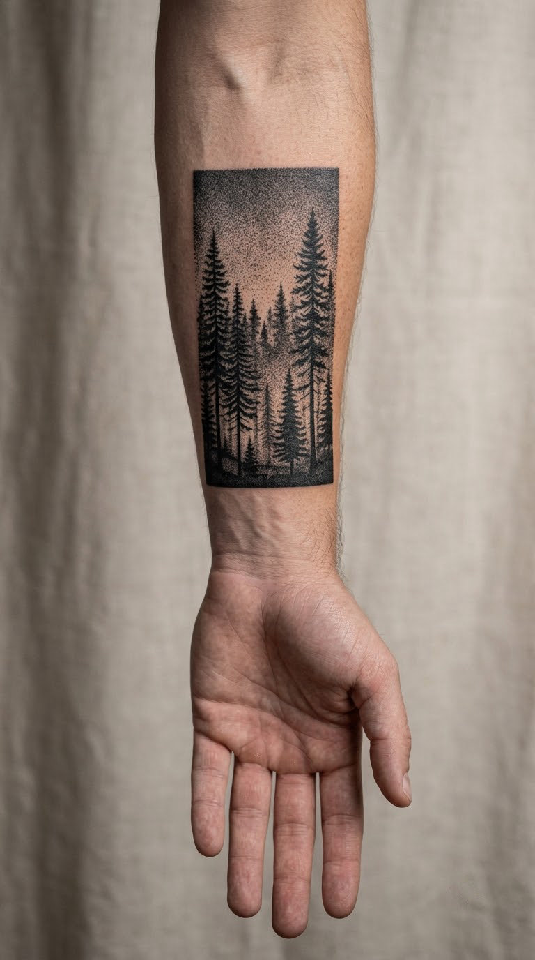 Stippled Pine Forest at Dusk