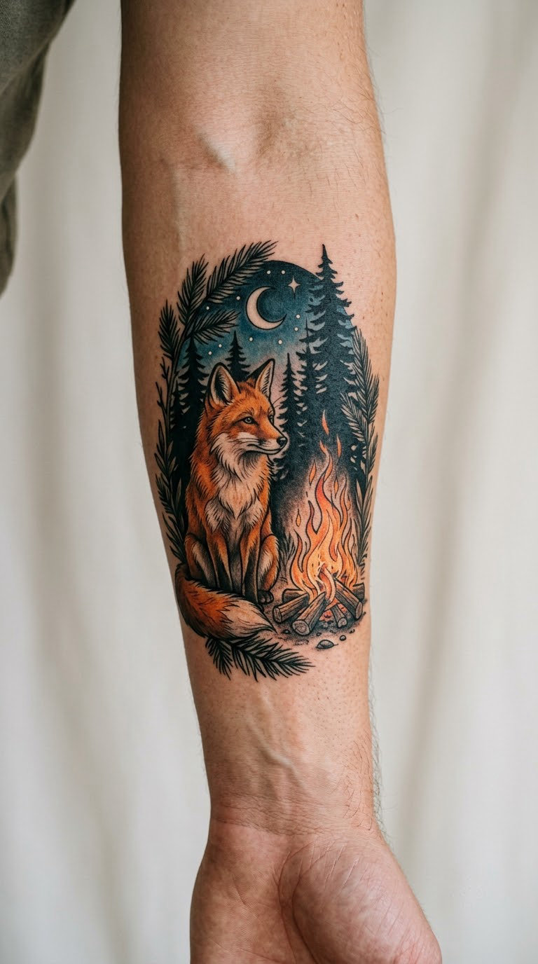 Campfire, Fox and Pine Silhouettes