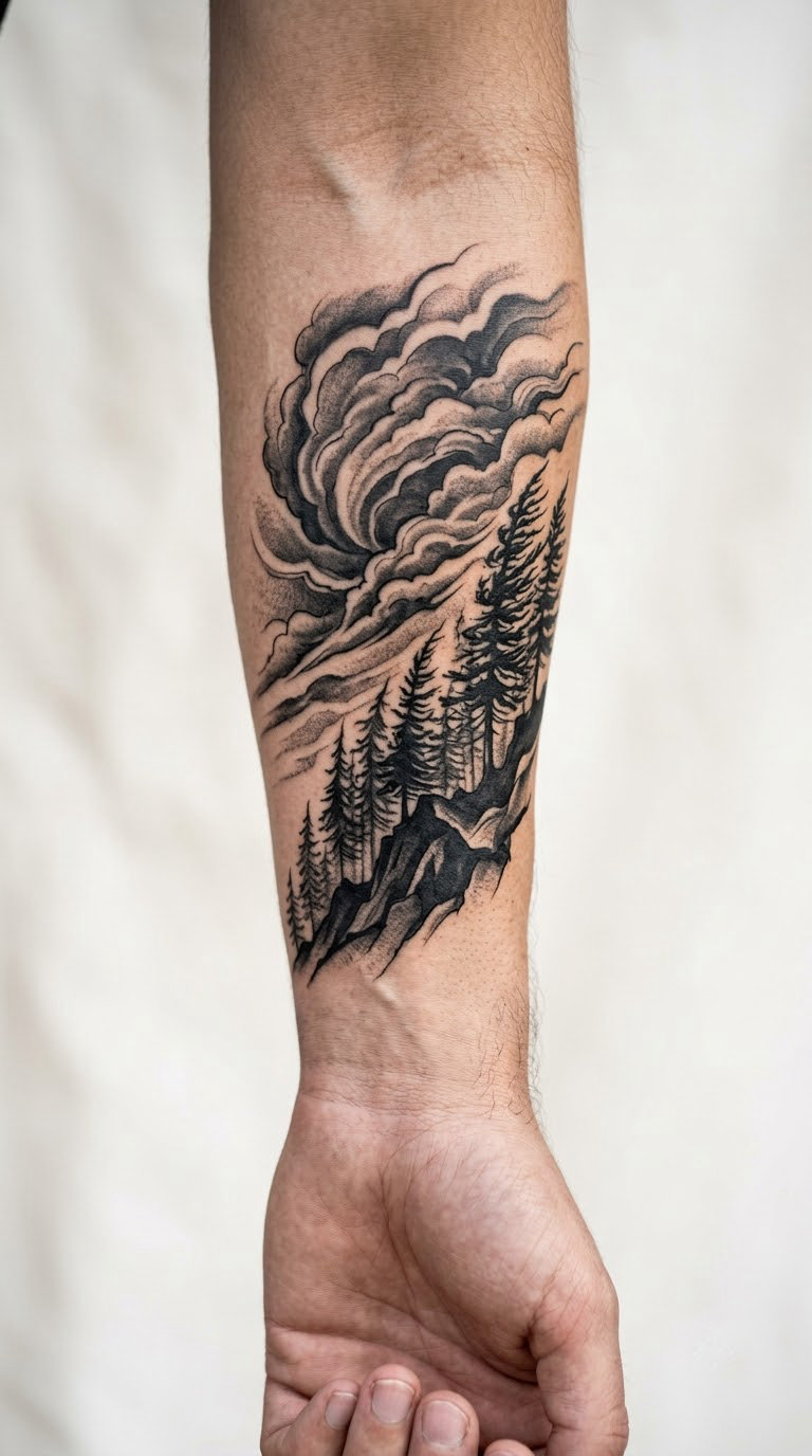 Black and Grey Storm Over a Pine Ridge