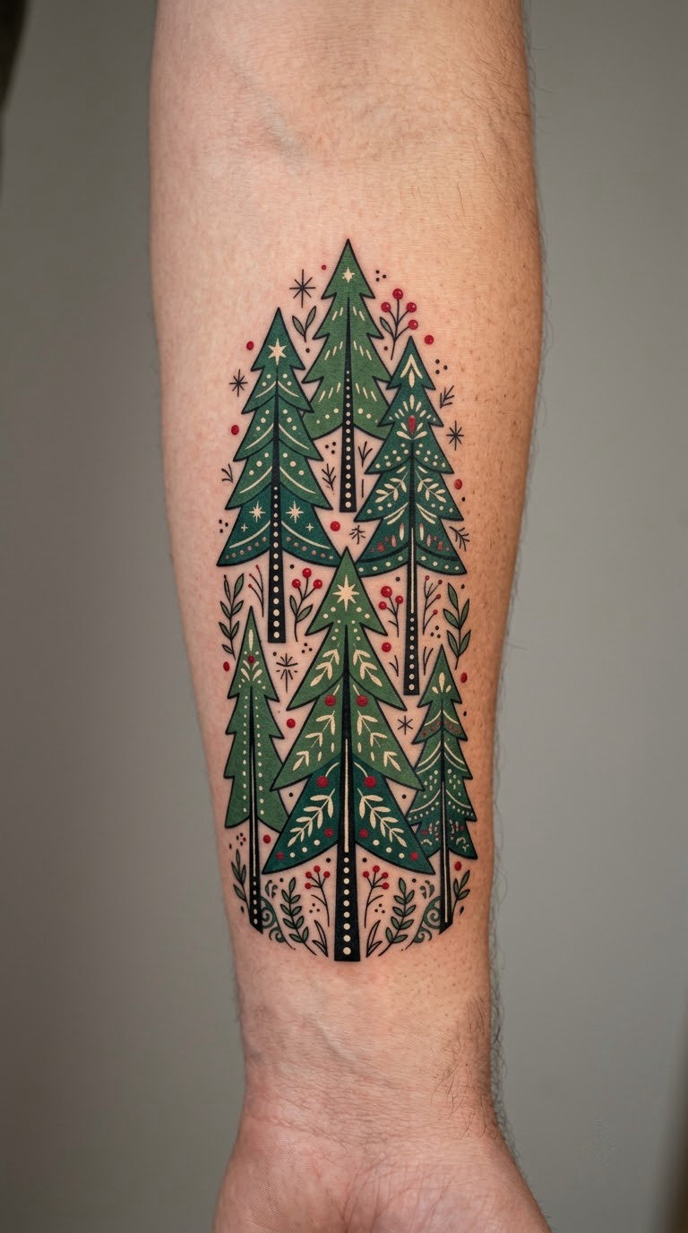 Folk-Art Pine Forest With Bold Colour