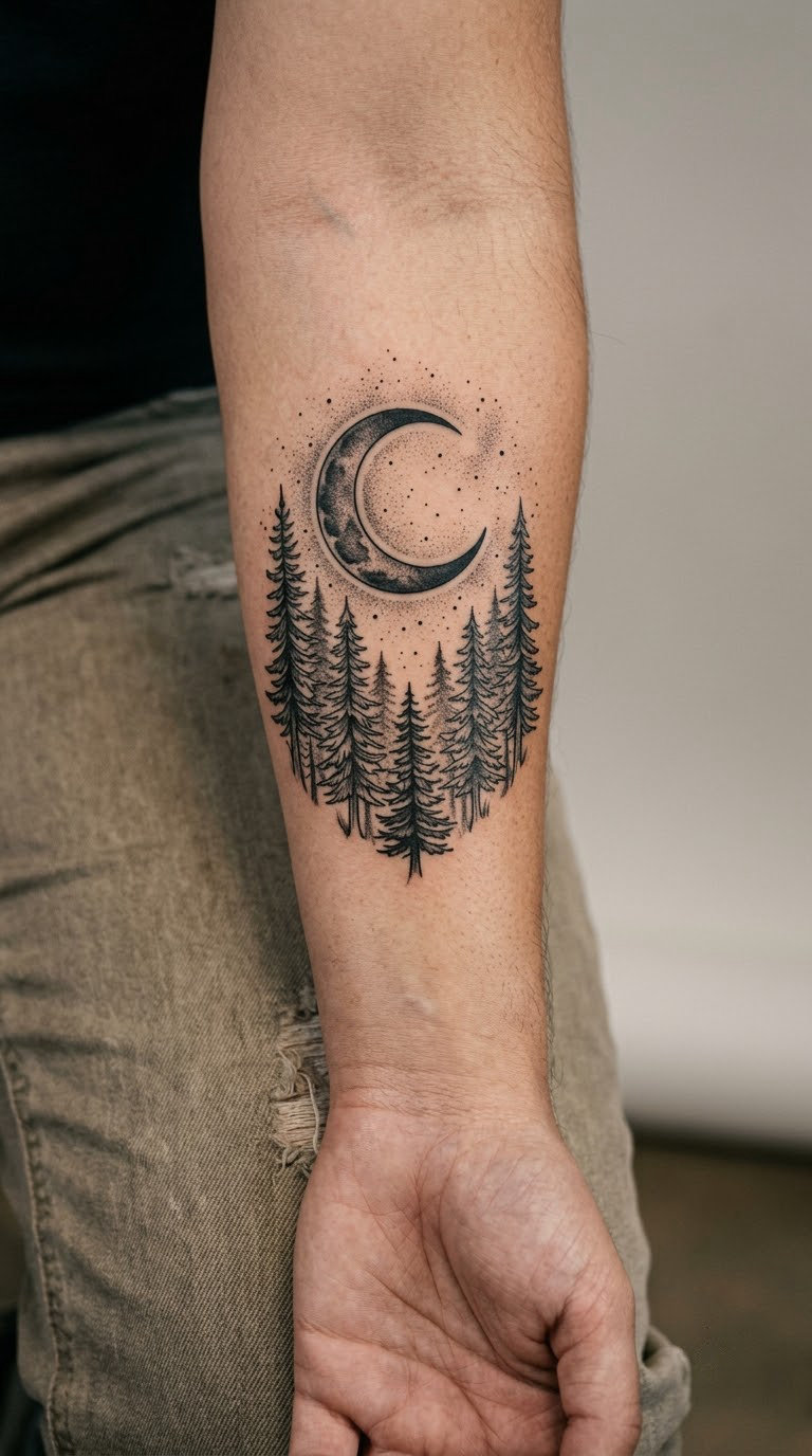 Pine Trees Framing a Crescent Moon