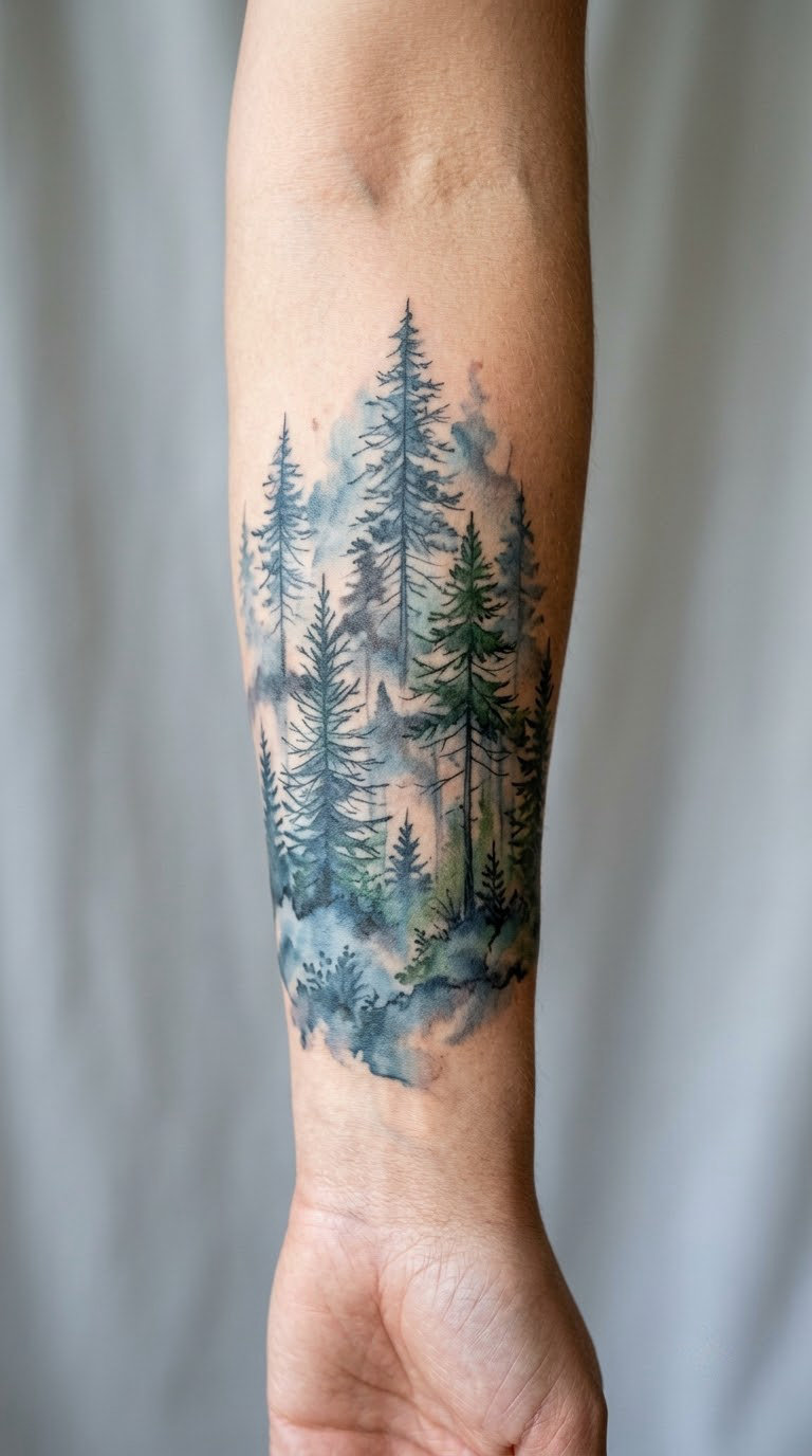 Misty Pine Forest in Watercolor