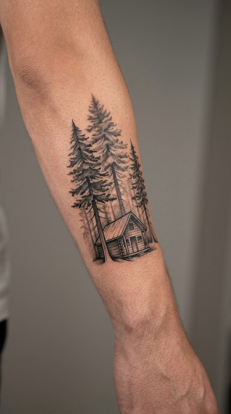 Old Cabin Beneath Tall Pines