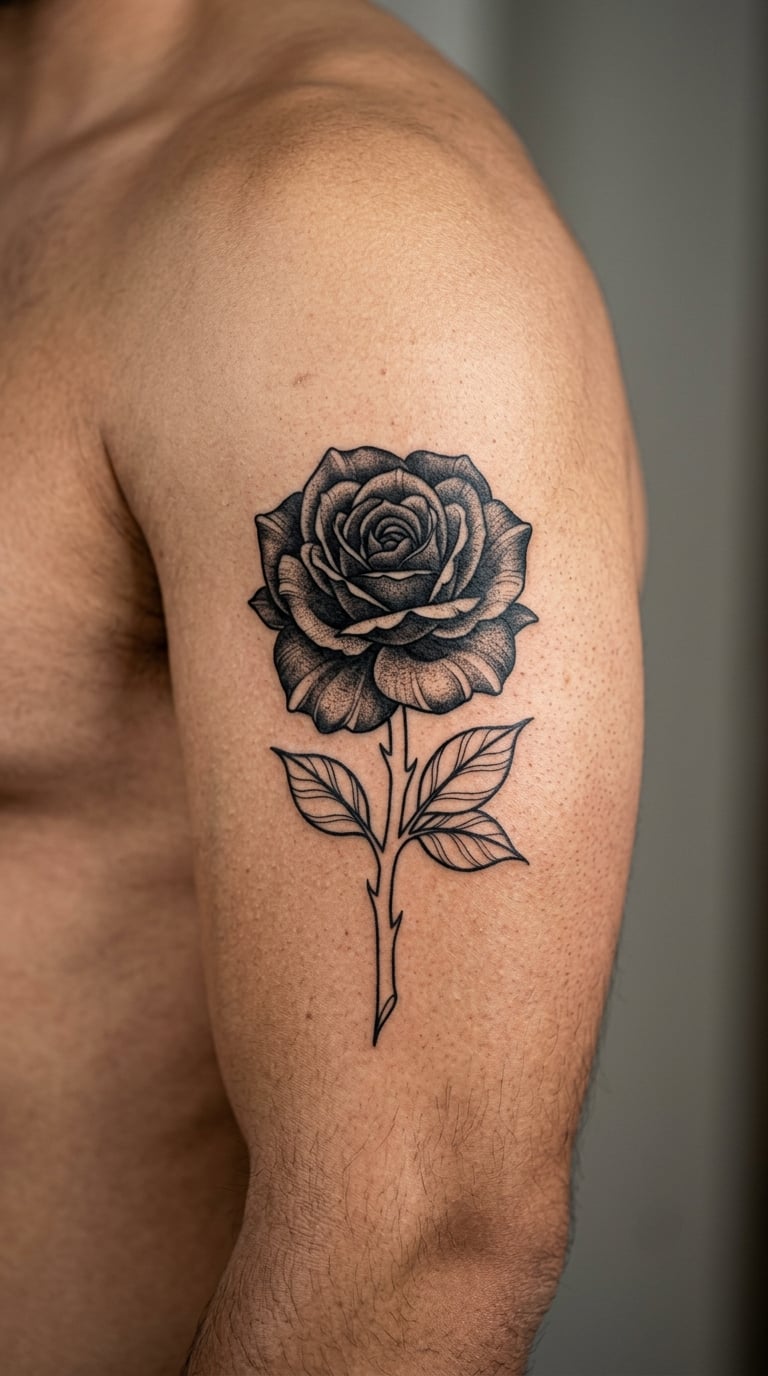 Blackwork Rose with Negative-Space Stem
