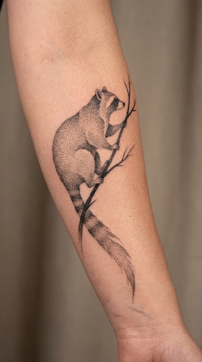 Dotwork Raccoon Climb