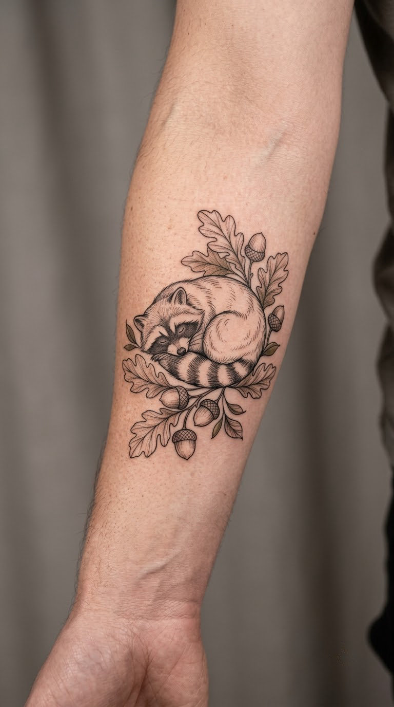 Raccoon and Oak Leaves