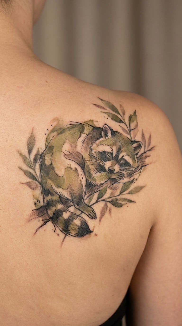 Watercolor Raccoon in a Tree