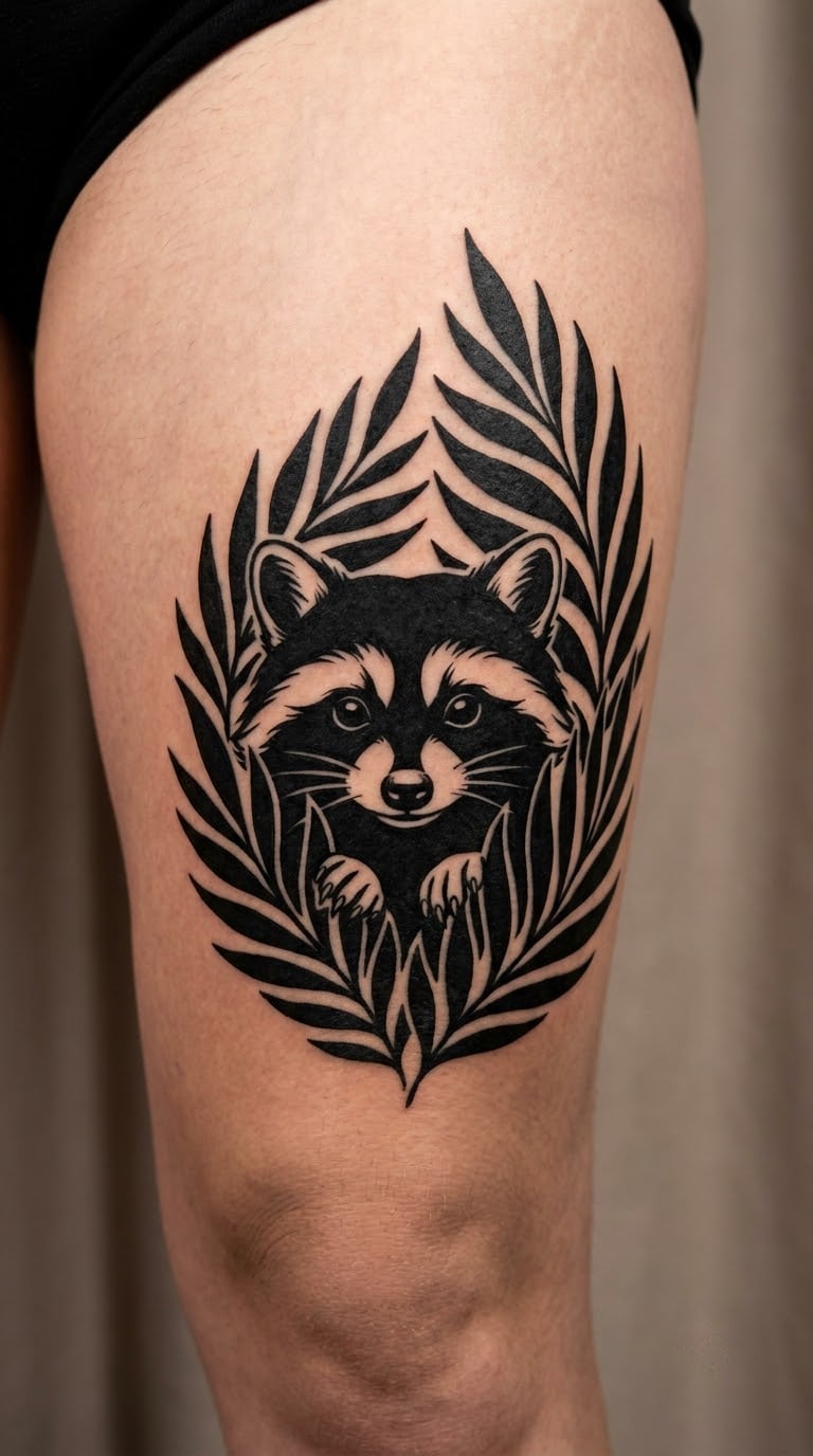 Blackwork Raccoon Peeking Through Leaves