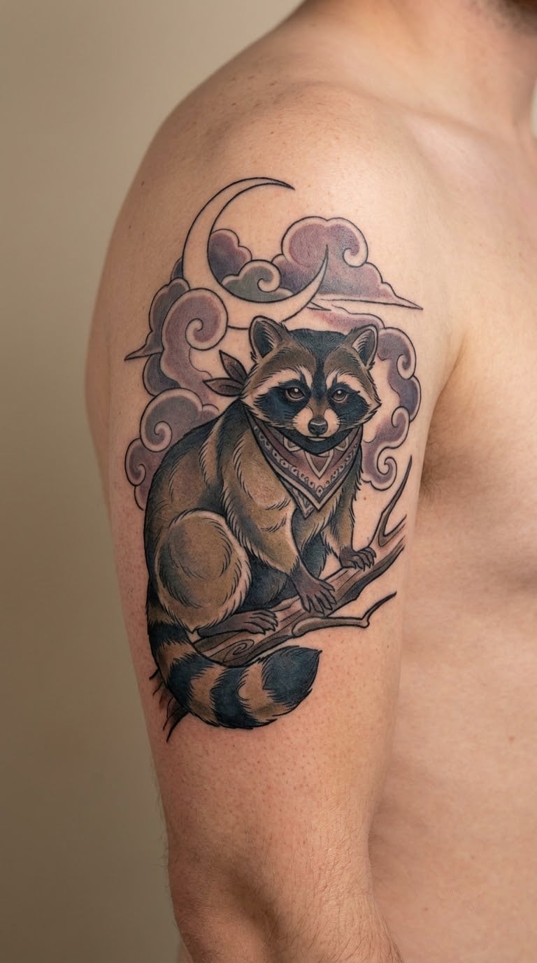 Neo-Traditional Moonlit Raccoon