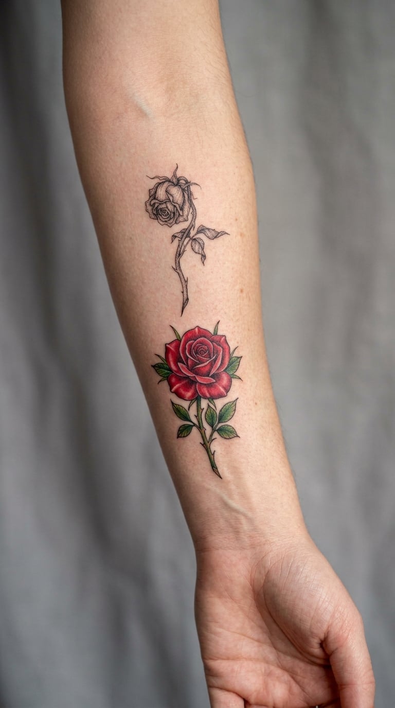 One Blooming Rose and One Withering Rose