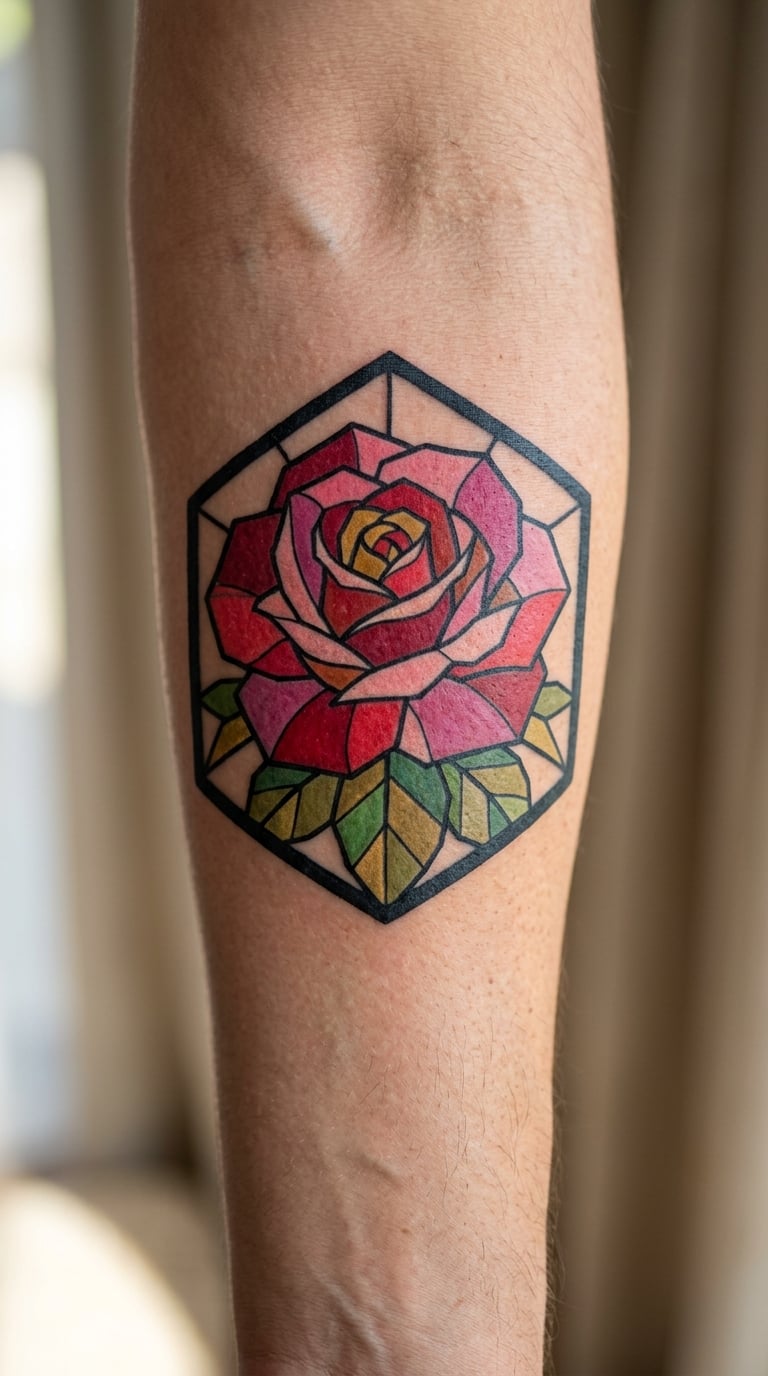 Stained-Glass Rose Inside a Geometric Frame
