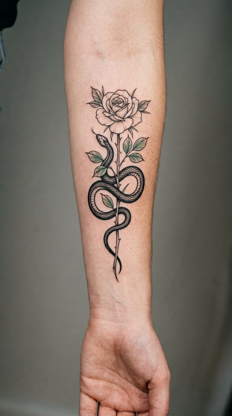 Serpent Winding Around a Rose Stem