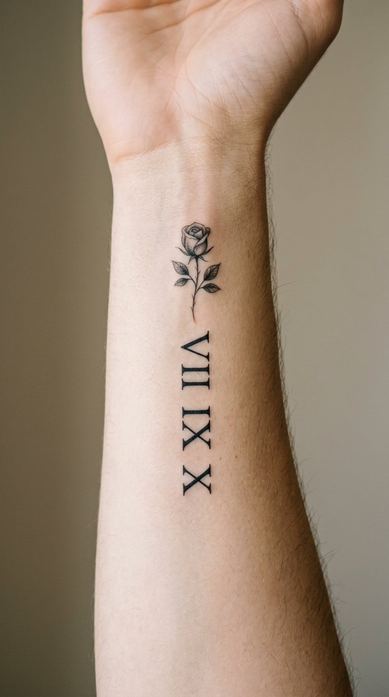 Rose Paired with Roman Numerals on the Inner Forearm