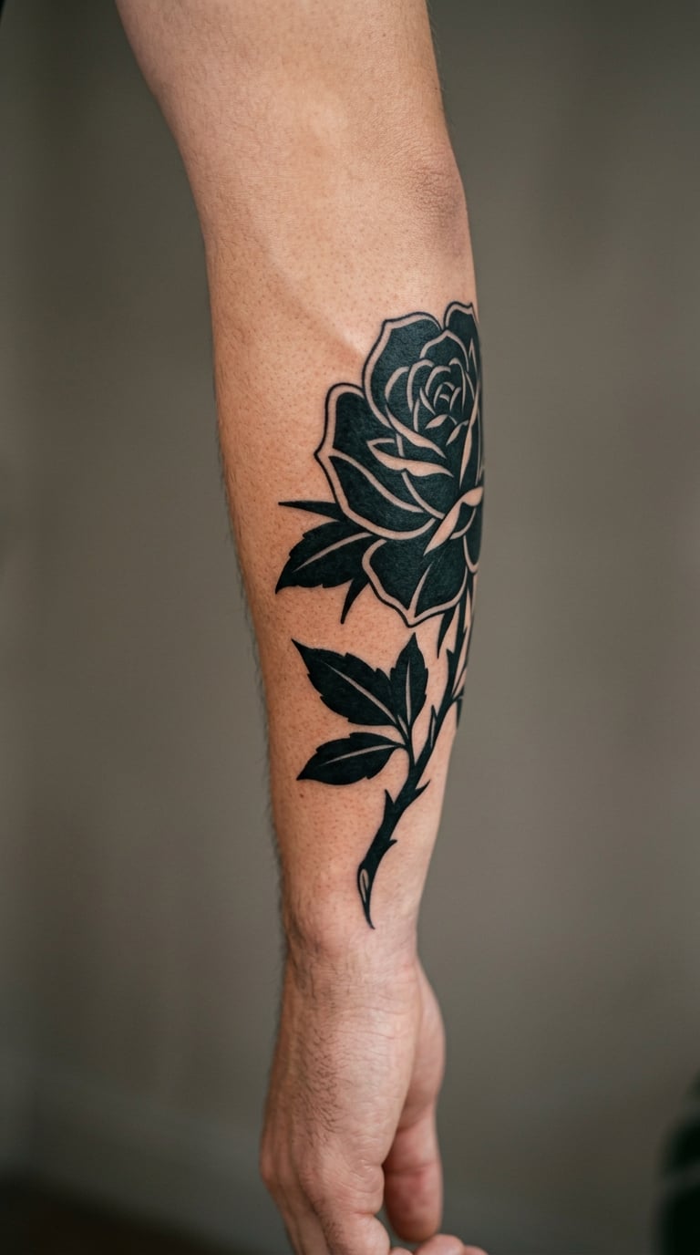 Blackwork Rose Wrapping the Outer Forearm