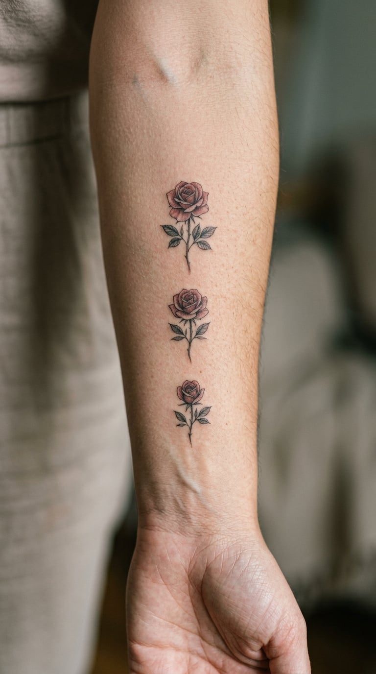 Three Small Roses in a Vertical Line