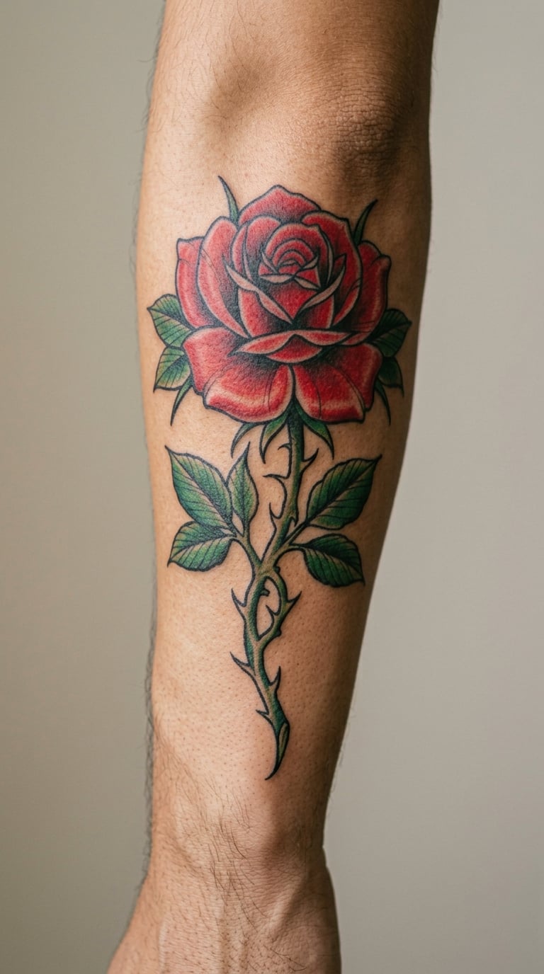 Neo-Traditional Rose With a Thorned Stem