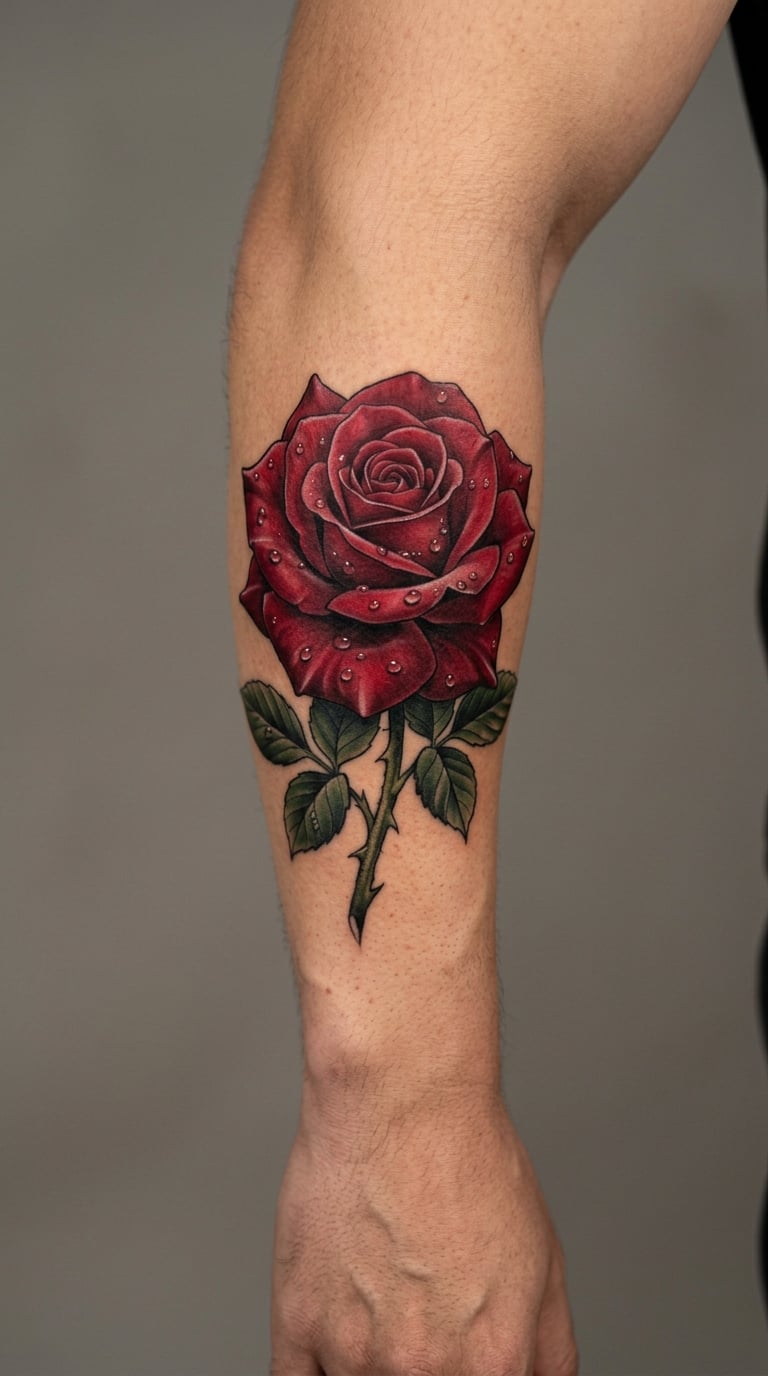 Red Realistic Rose With Dewdrops