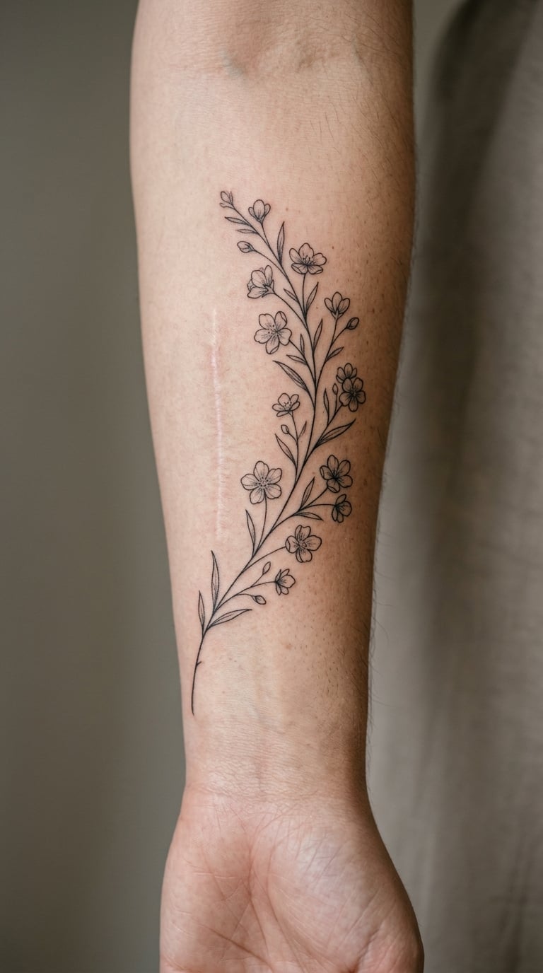 Fine-Line Flower Branch Over a Linear Scar