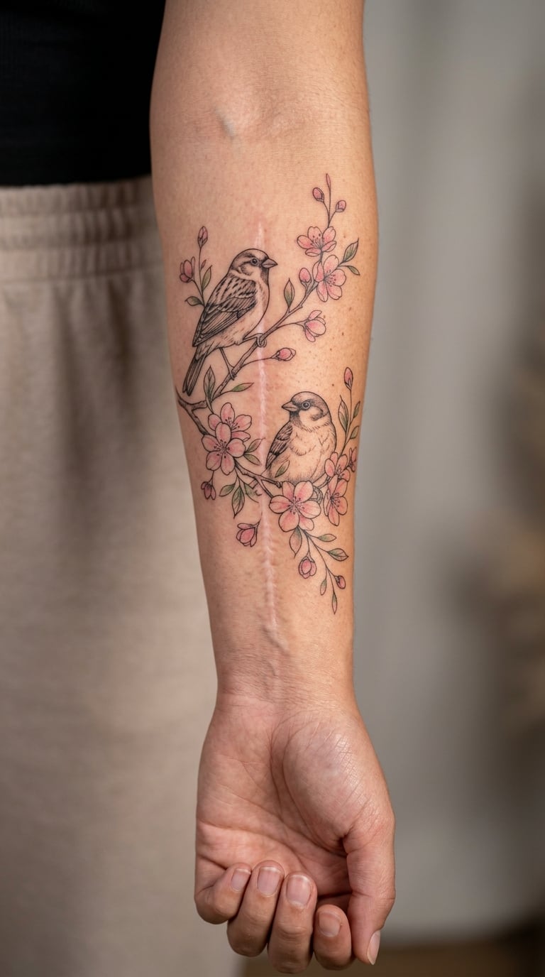 Songbirds Among Blushing Branches