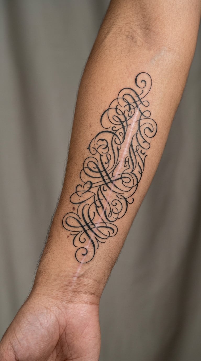 Flowing Script Set Along the Scar's Curve