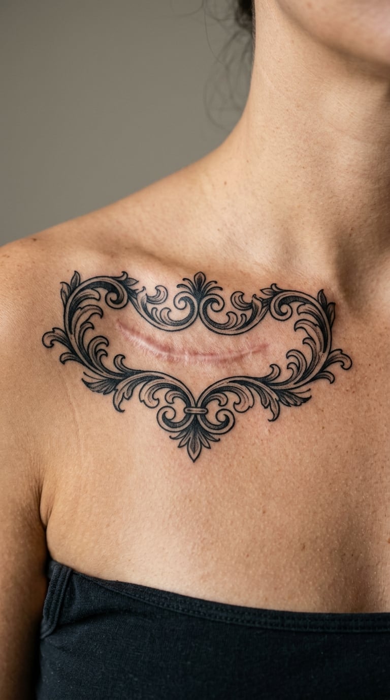 Ornamental Blackwork Surrounding a Curved Scar