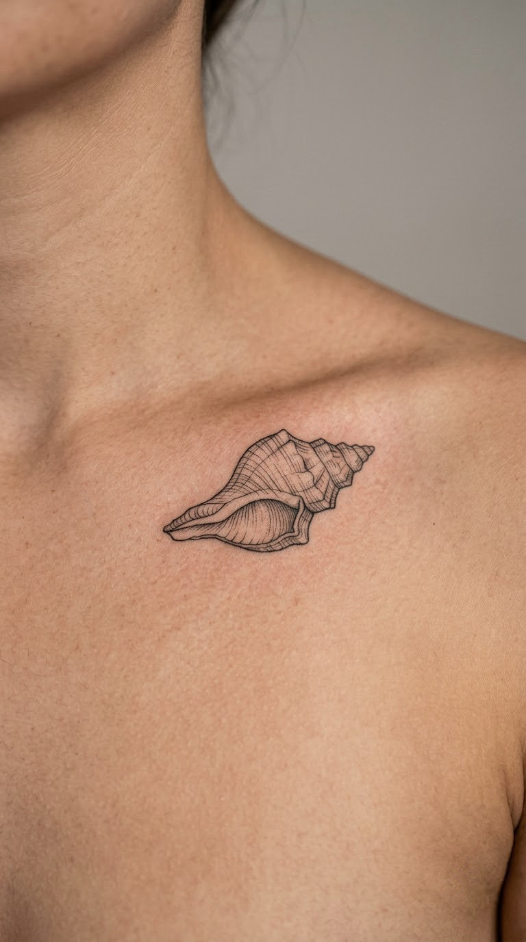 Fine-Line Conch Shell on the Collarbone