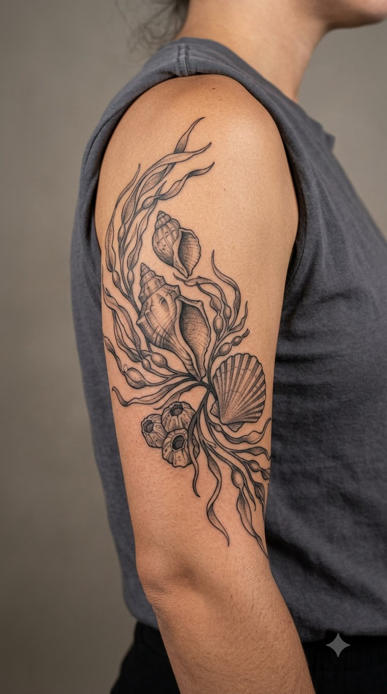 Seashell and Seaweed Sleeve Element on the Upper Arm
