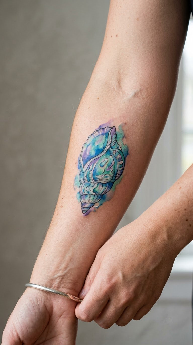 Abalone Shell in Watercolor on the Forearm