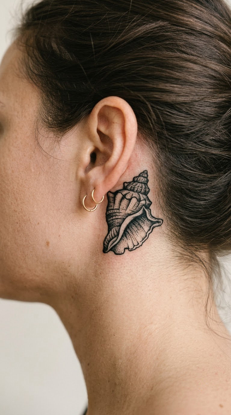 Blackwork Conch Shell Behind the Ear