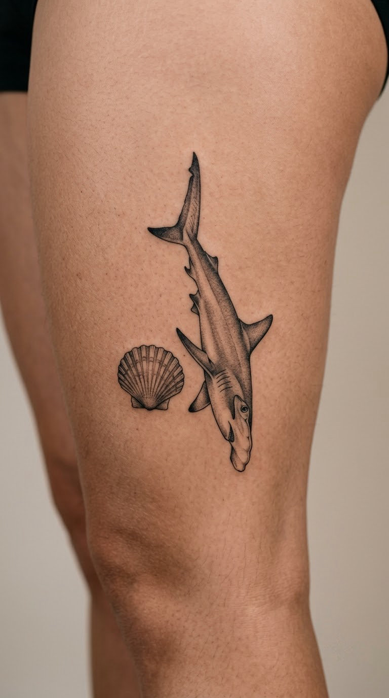 Realistic Hammerhead Shark and Shell on the Thigh