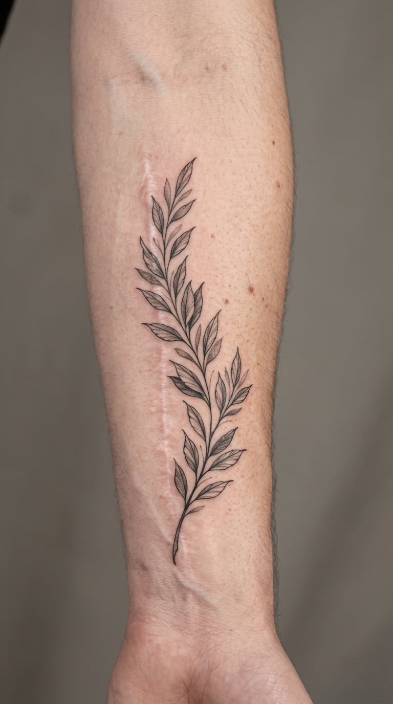 Fine-Line Laurel Branch Over a Forearm Scar