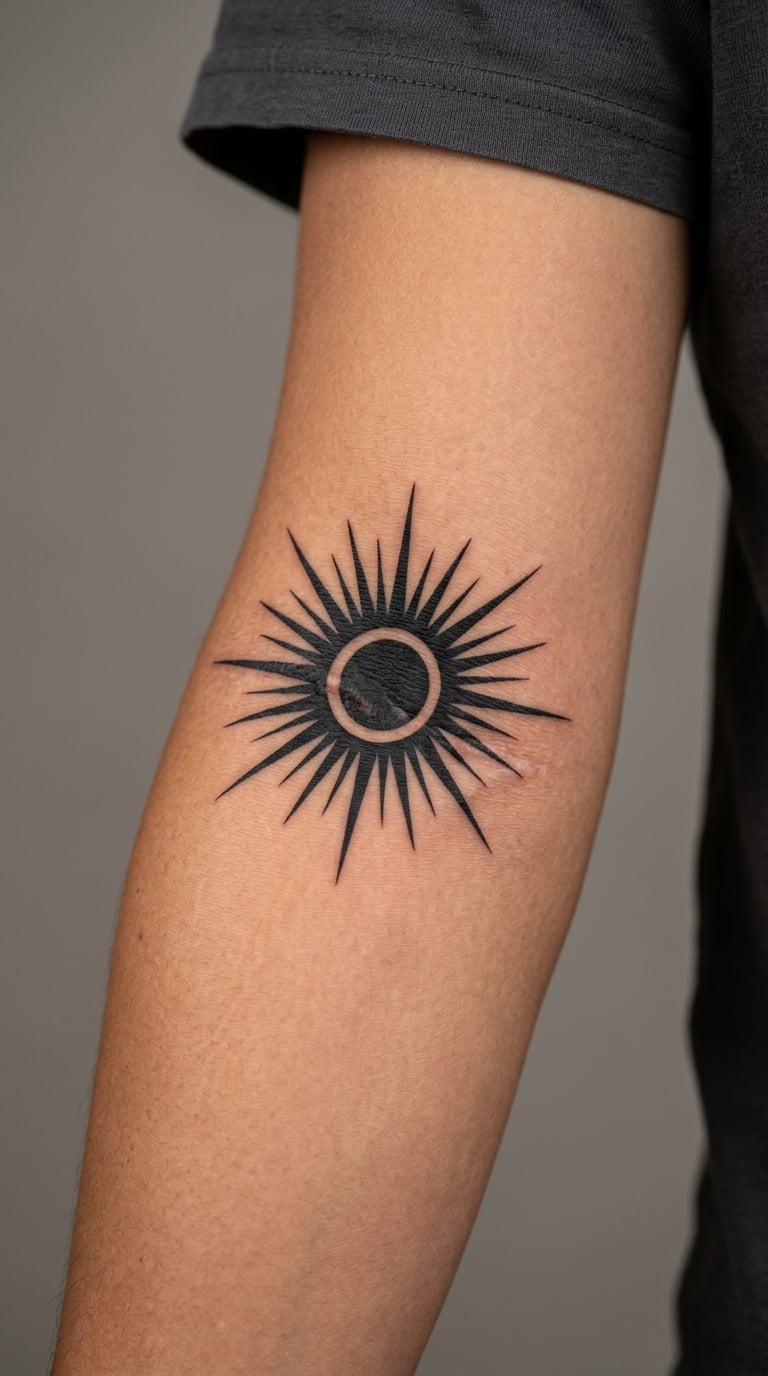Blackwork Sunburst Around a Small Elbow Scar